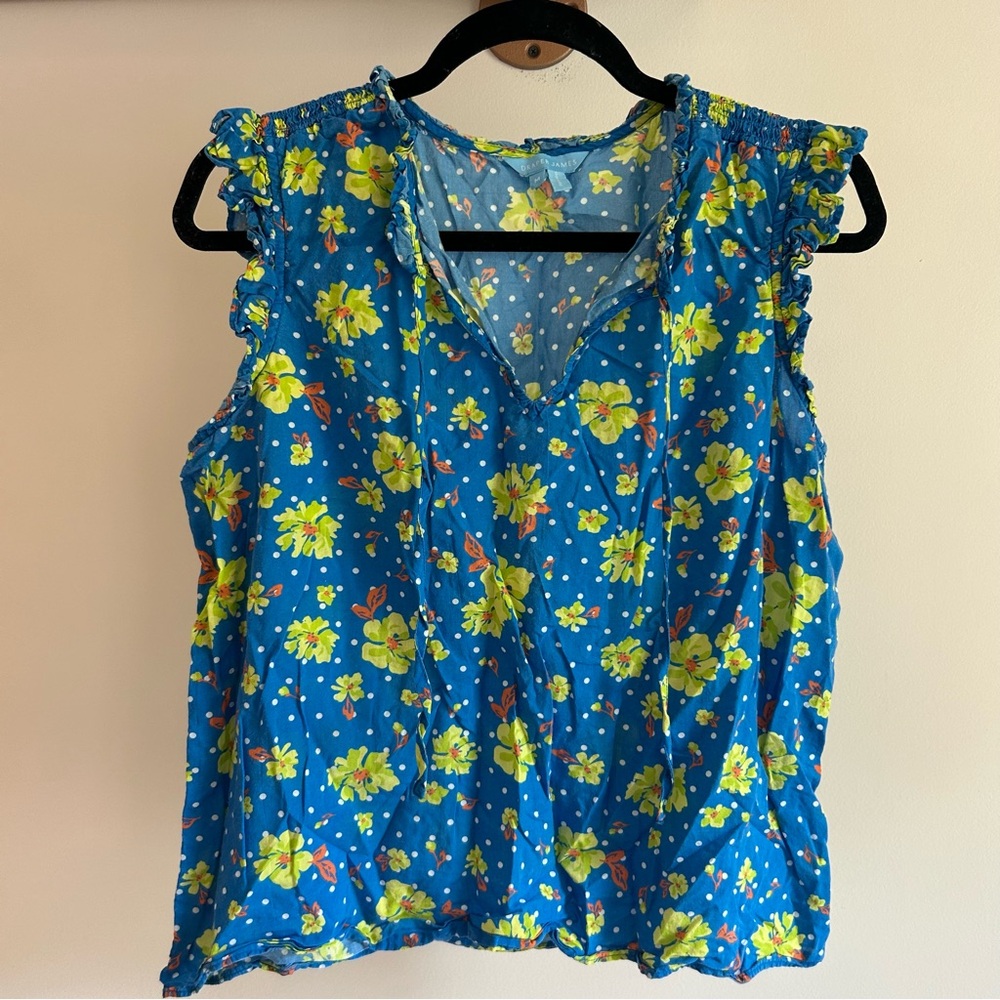 Draper James floral polka dot blue and yellow blouse‎ medium